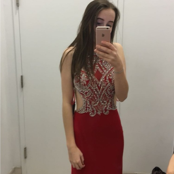 Silver and Red Sleeveless Halter Bodycon Gown for Prom - Picture 2 of 4